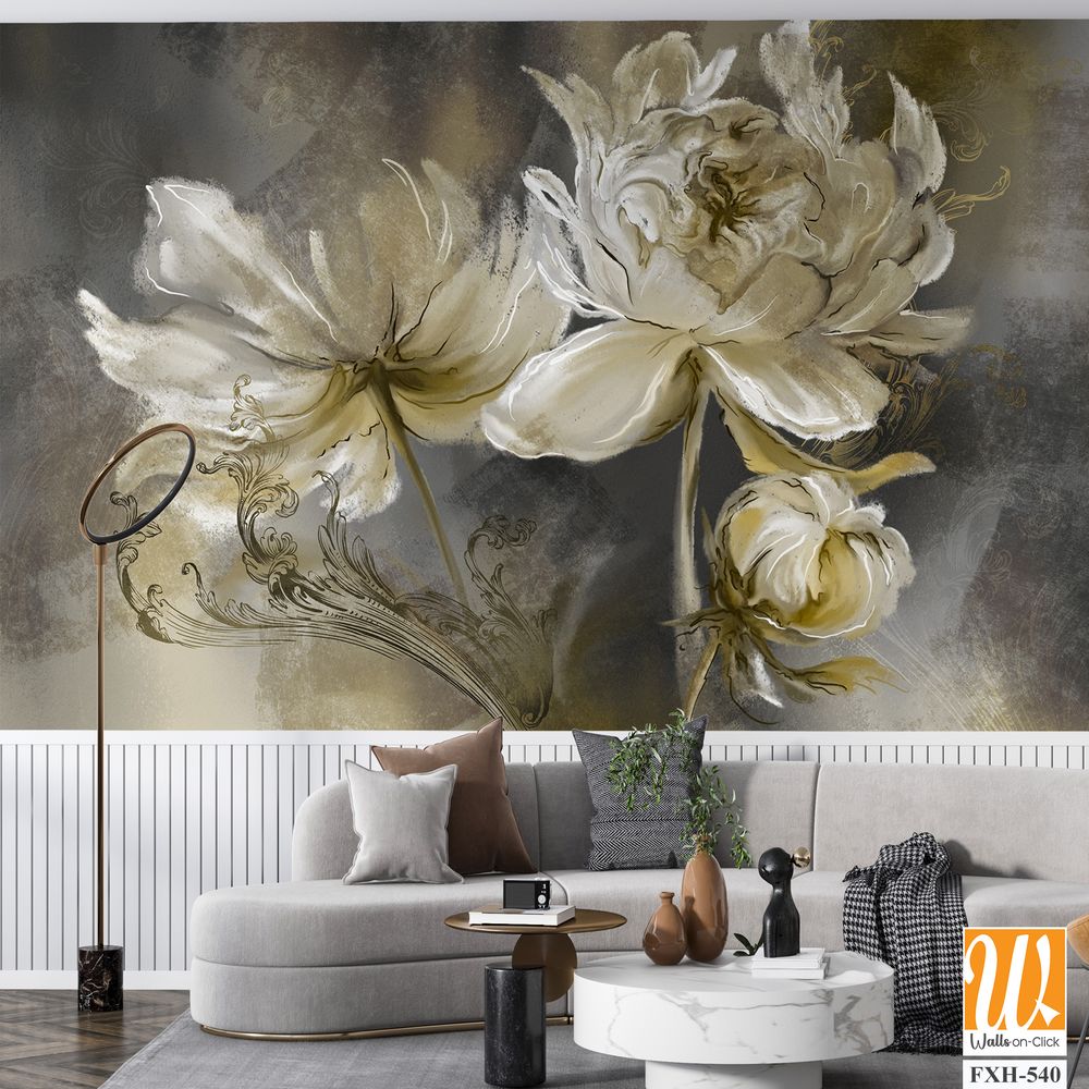 Vintage flowers on texture background, art drawing on canvas in pastel style, photo wallpaper [WP-FXH-540]