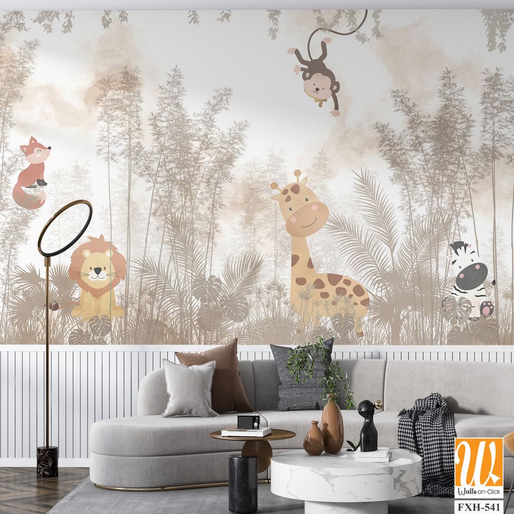 Cute animals wallpaper design for kids rooms- 3d illustration [WP-FXH-541]