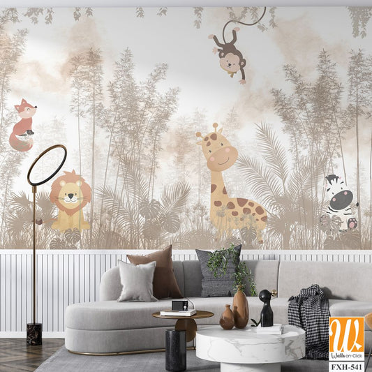 Cute animals wallpaper design for kids rooms- 3d illustration [WP-FXH-541]