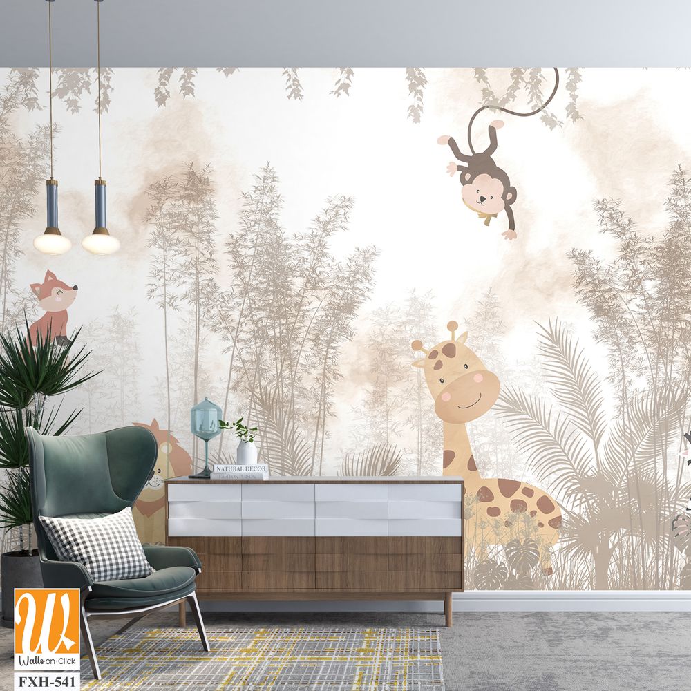 Cute animals wallpaper design for kids rooms- 3d illustration [WP-FXH-541]