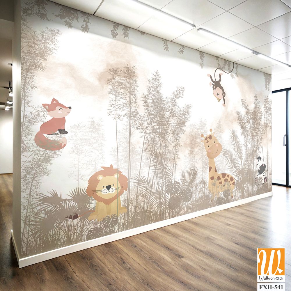 Cute animals wallpaper design for kids rooms- 3d illustration [WP-FXH-541]