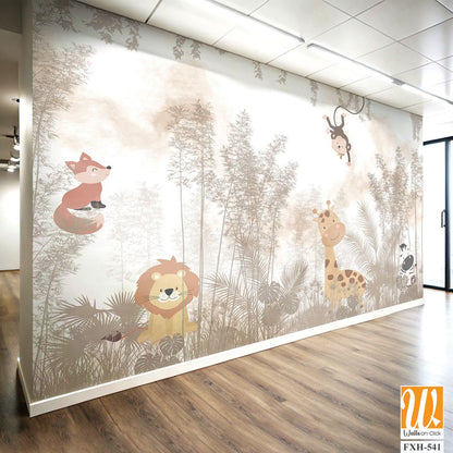Cute animals wallpaper design for kids rooms- 3d illustration [WP-FXH-541]