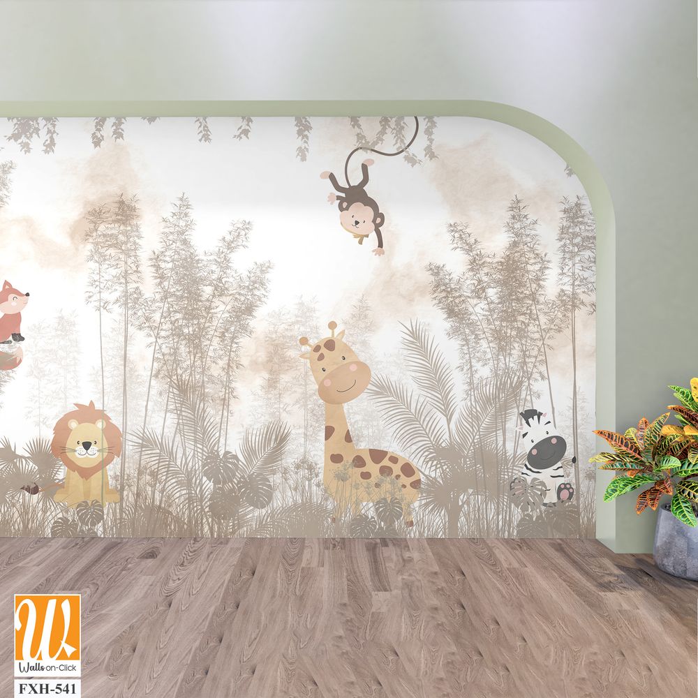 Cute animals wallpaper design for kids rooms- 3d illustration [WP-FXH-541]