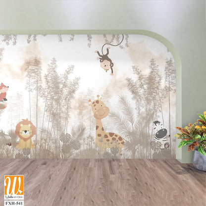 Cute animals wallpaper design for kids rooms- 3d illustration [WP-FXH-541]
