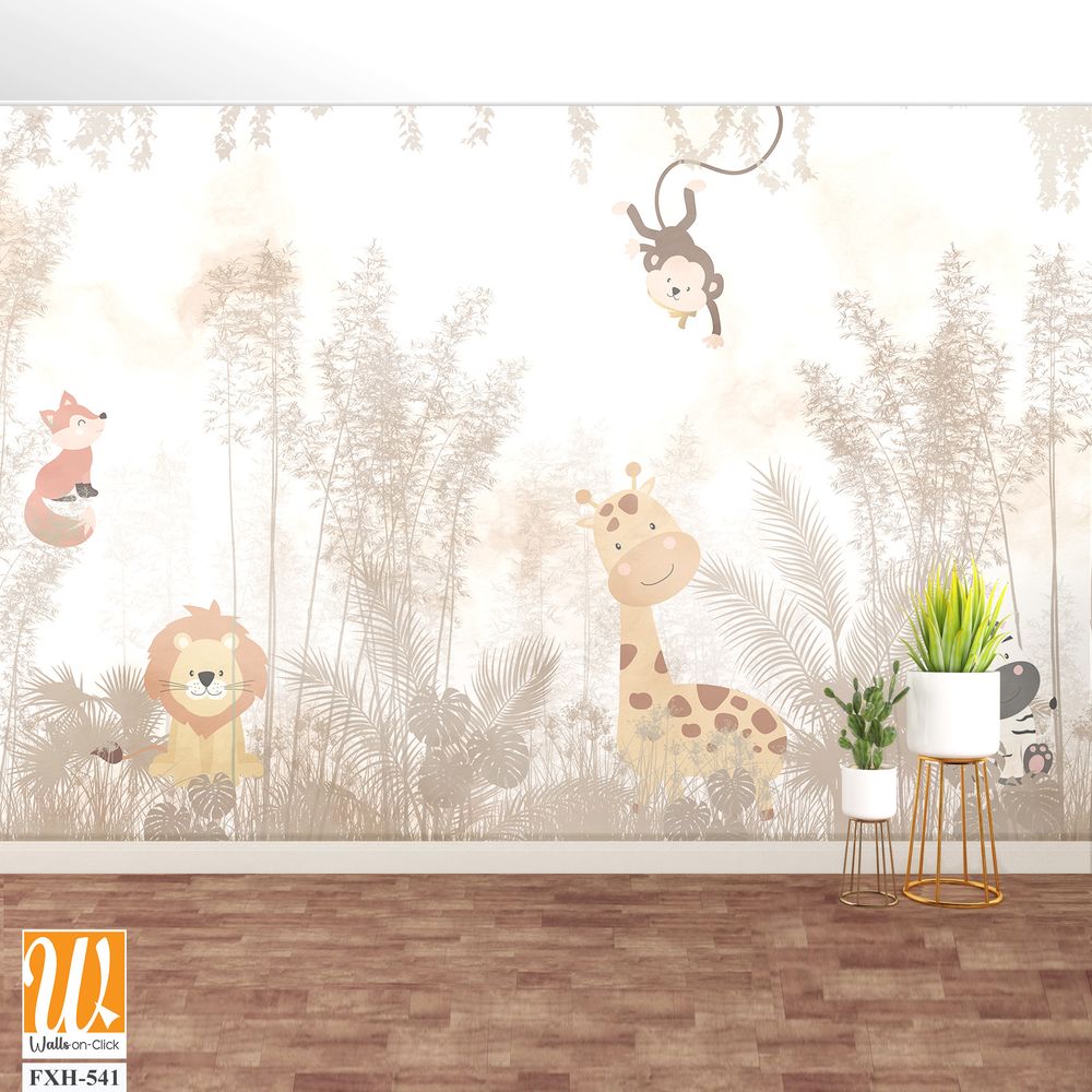 Cute animals wallpaper design for kids rooms- 3d illustration [WP-FXH-541]