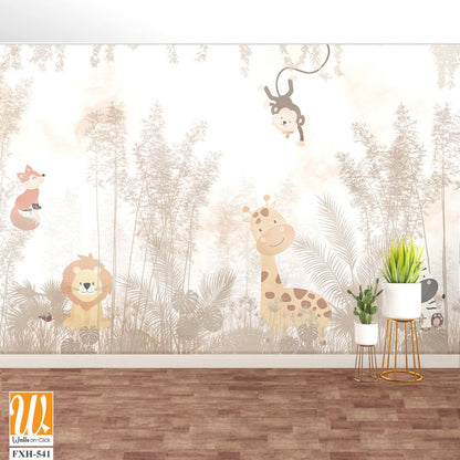 Cute animals wallpaper design for kids rooms- 3d illustration [WP-FXH-541]