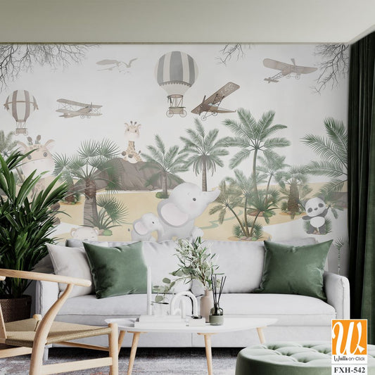 Cute animals wallpaper design for kids rooms- 3d illustration [WP-FXH-542]