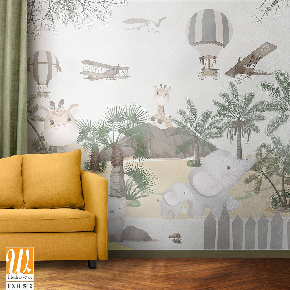 Cute animals wallpaper design for kids rooms- 3d illustration [WP-FXH-542]