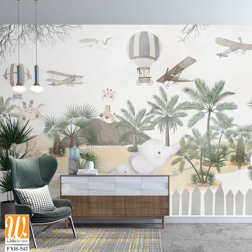 Cute animals wallpaper design for kids rooms- 3d illustration [WP-FXH-542]