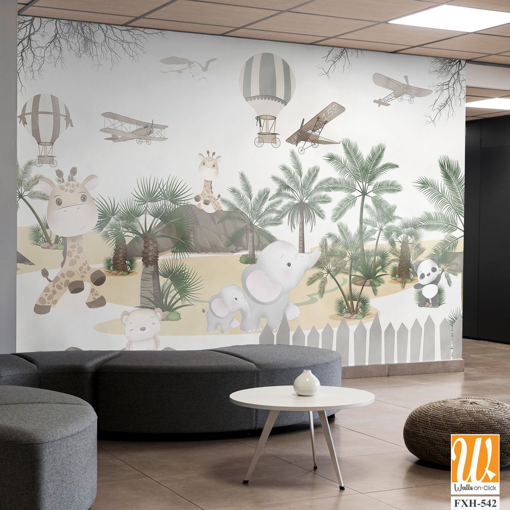 Cute animals wallpaper design for kids rooms- 3d illustration [WP-FXH-542]