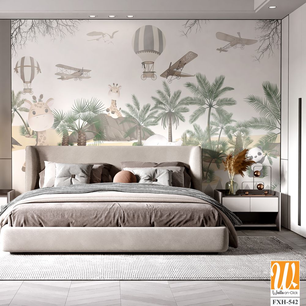 Cute animals wallpaper design for kids rooms- 3d illustration [WP-FXH-542]