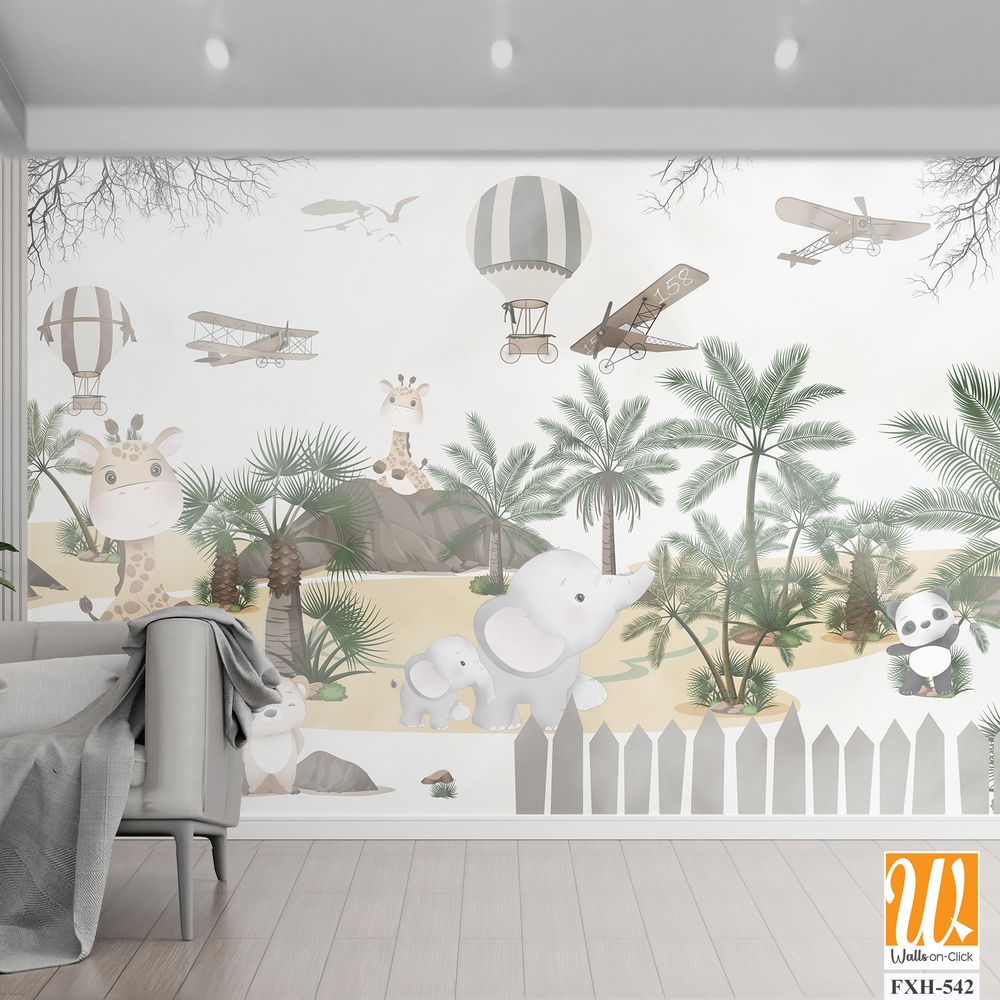 Cute animals wallpaper design for kids rooms- 3d illustration [WP-FXH-542]