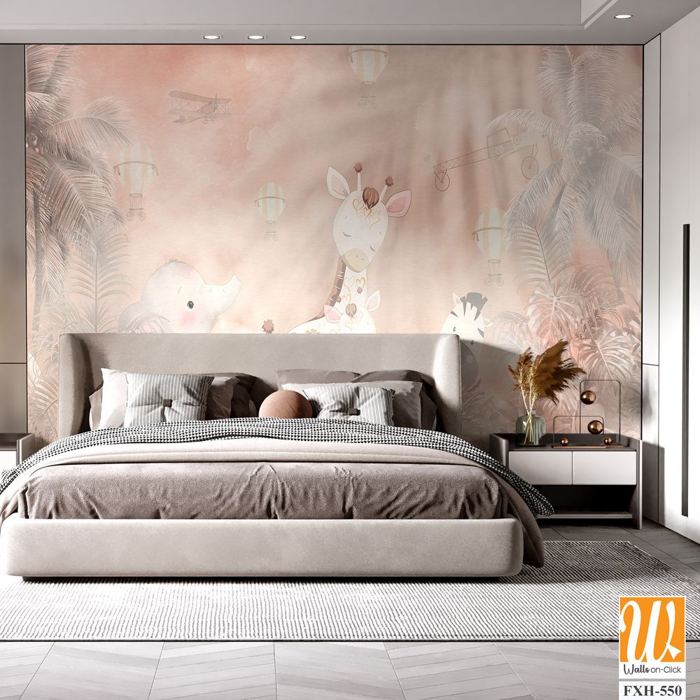 Cute animals wallpaper design for kids room - 3D illustration [WP-FXH-550]