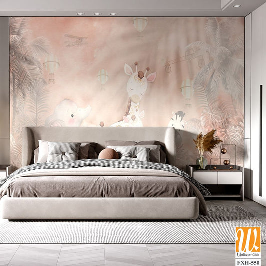 Cute animals wallpaper design for kids room - 3D illustration [WP-FXH-550]