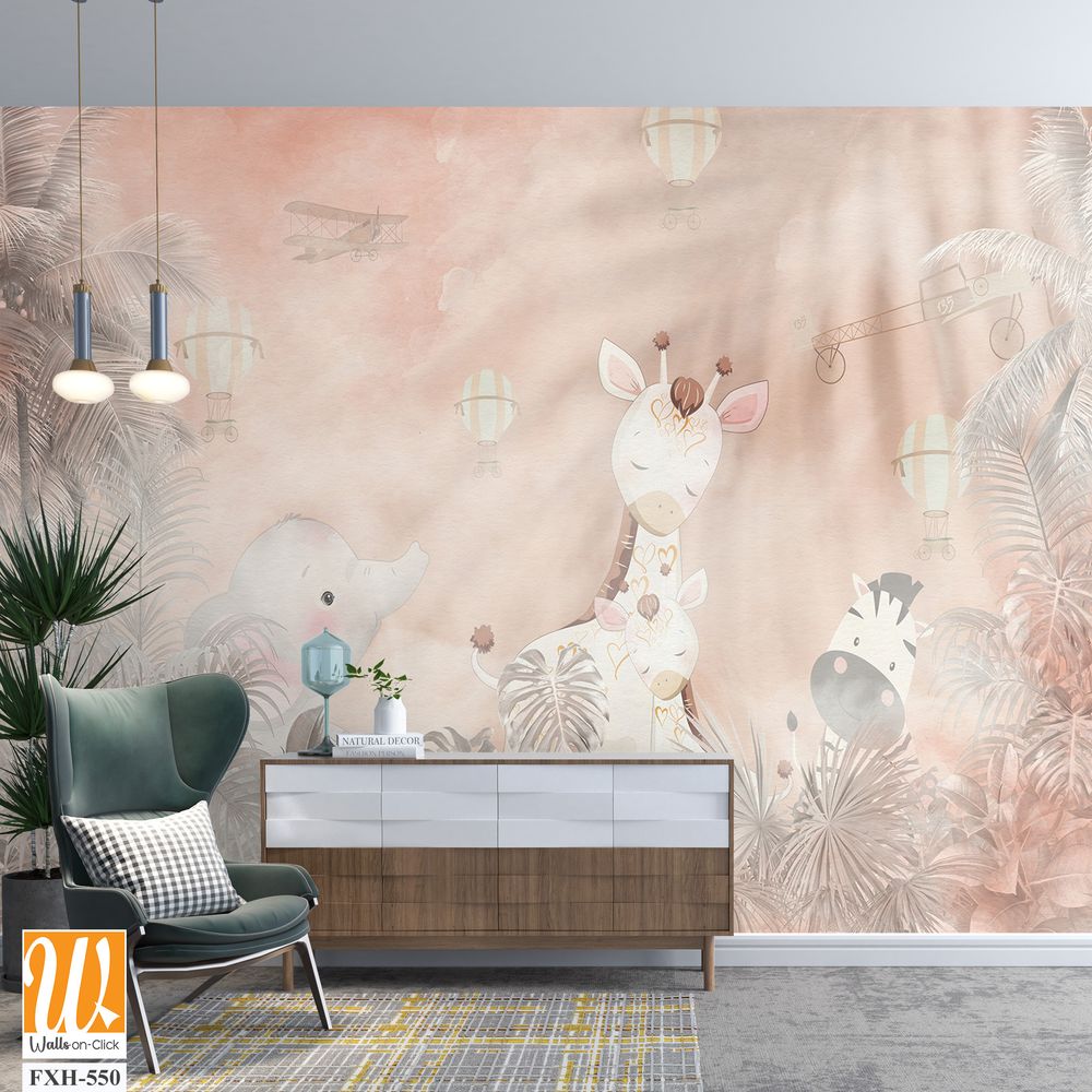 Cute animals wallpaper design for kids room - 3D illustration [WP-FXH-550]