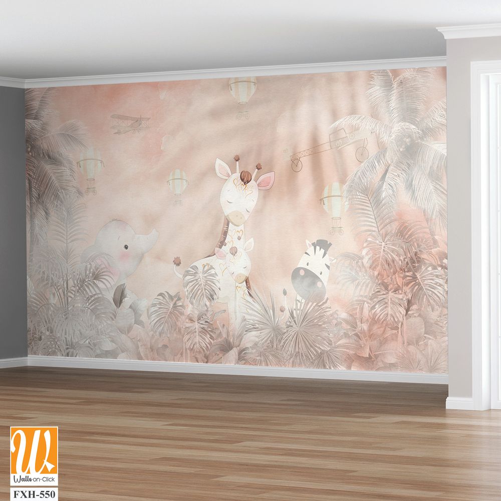 Cute animals wallpaper design for kids room - 3D illustration [WP-FXH-550]
