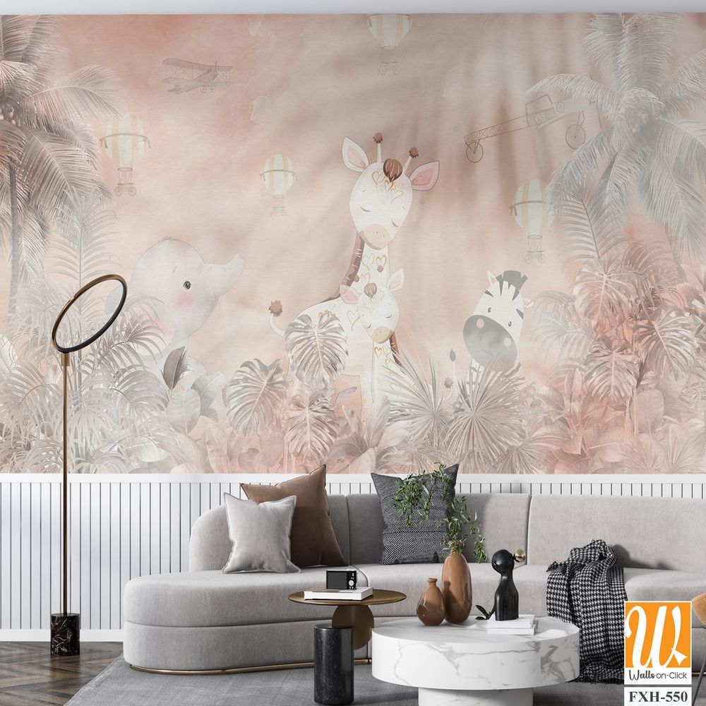Cute animals wallpaper design for kids room - 3D illustration [WP-FXH-550]