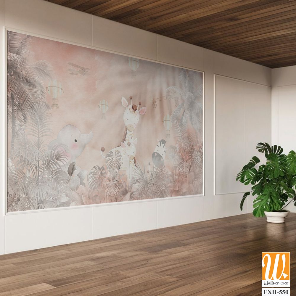 Cute animals wallpaper design for kids room - 3D illustration [WP-FXH-550]
