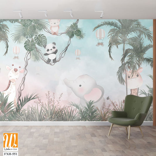 Cute animals wallpaper design for kids room [WP-FXH-551]