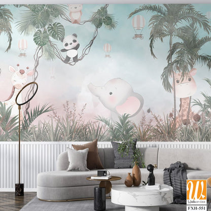Cute animals wallpaper design for kids room [WP-FXH-551]