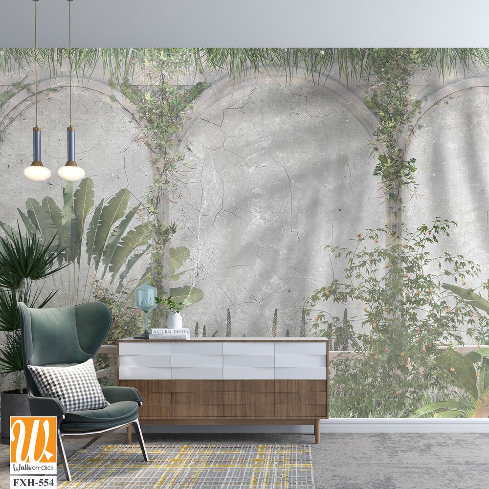 Tropical Trees and leaves wallpaper design for digital printing - 3D illustration [WP-FXH-554]