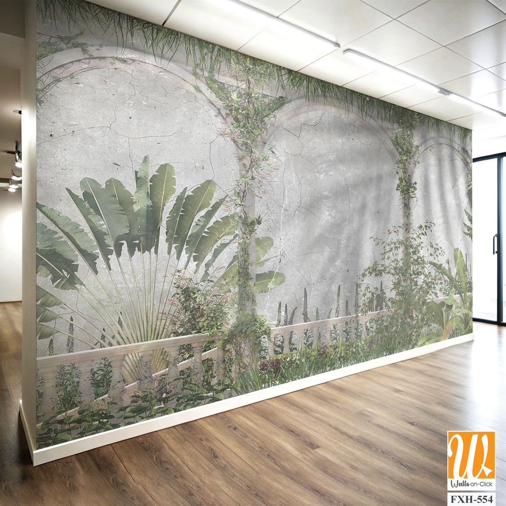 Tropical Trees and leaves wallpaper design for digital printing - 3D illustration [WP-FXH-554]