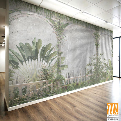 Tropical Trees and leaves wallpaper design for digital printing - 3D illustration [WP-FXH-554]