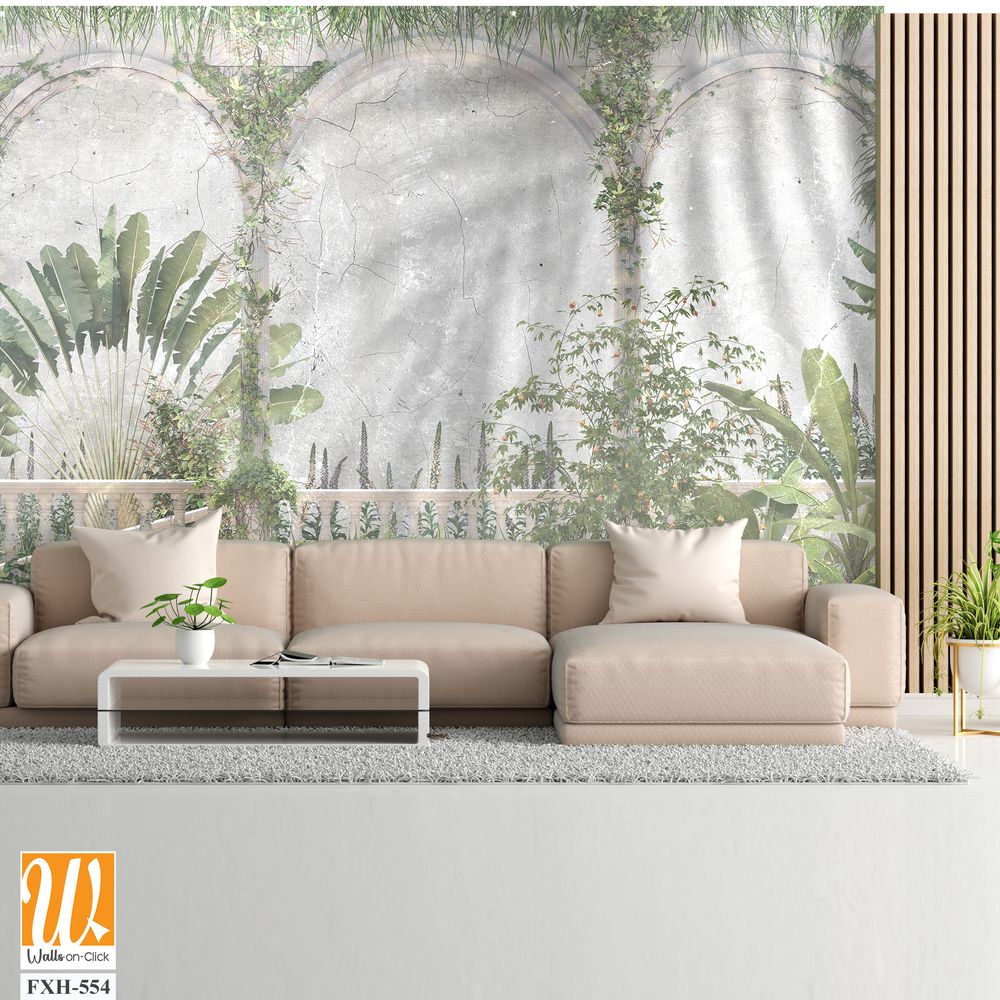 Tropical Trees and leaves wallpaper design for digital printing - 3D illustration [WP-FXH-554]