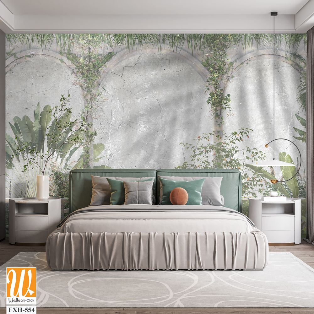 Tropical Trees and leaves wallpaper design for digital printing - 3D illustration [WP-FXH-554]