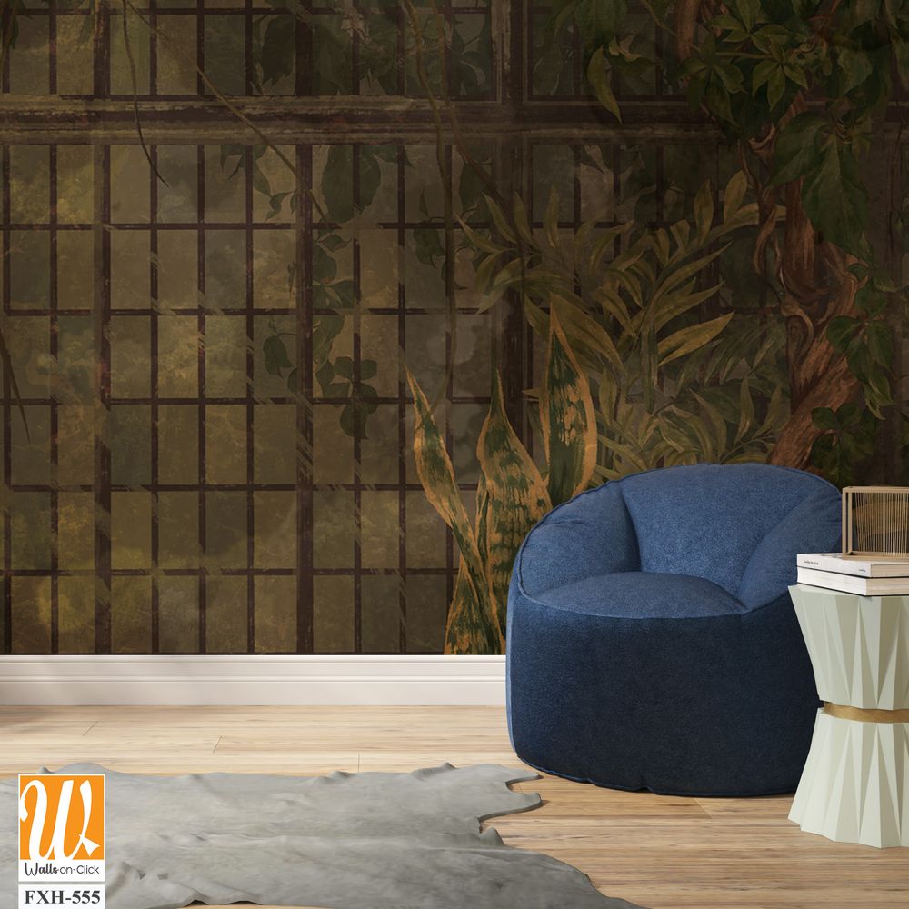 Art drawing vintage which depicts tropical plants and creepers, photo wallpaper in the interior [WP-FXH-555]