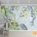 Tropical plants, flowers and leaves on a light background. Great choise for wallpaper, photo wallpaper, mural, card, postcard, home decor, poster. Design for modern and loft interior. [WP-FXH-556]
