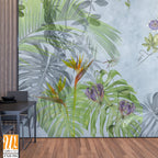 Tropical plants, flowers and leaves on a light background. Great choise for wallpaper, photo wallpaper, mural, card, postcard, home decor, poster. Design for modern and loft interior. [WP-FXH-556]
