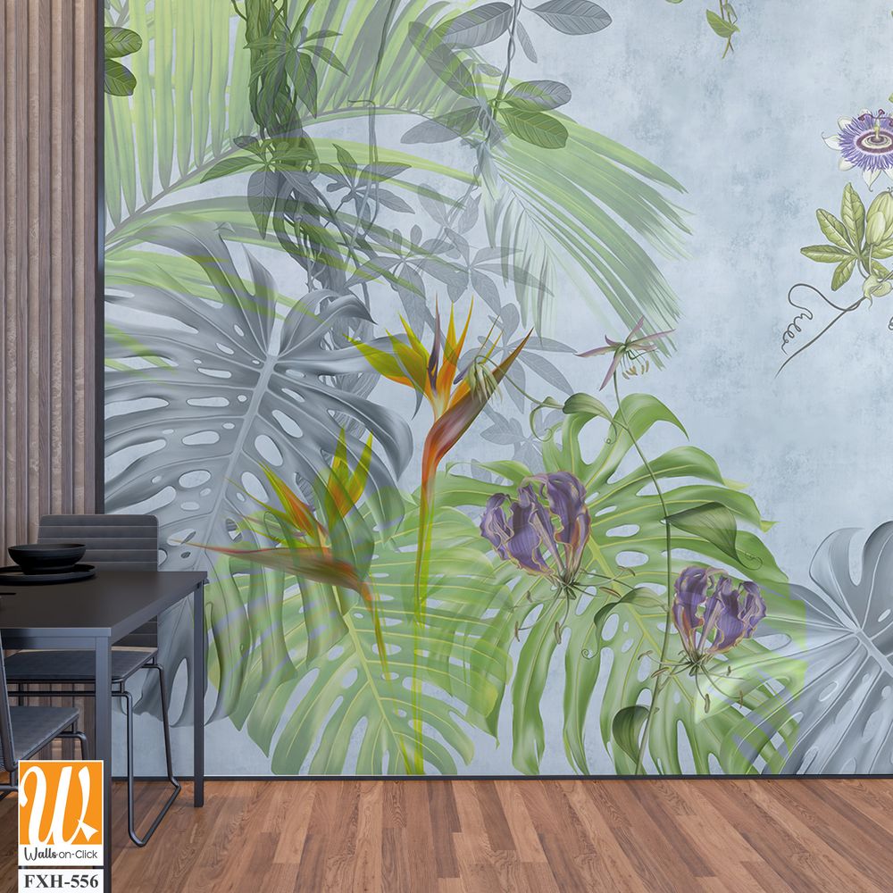 Tropical plants, flowers and leaves on a light background. Great choise for wallpaper, photo wallpaper, mural, card, postcard, home decor, poster. Design for modern and loft interior. [WP-FXH-556]