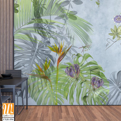 Tropical plants, flowers and leaves on a light background. Great choise for wallpaper, photo wallpaper, mural, card, postcard, home decor, poster. Design for modern and loft interior. [WP-FXH-556]