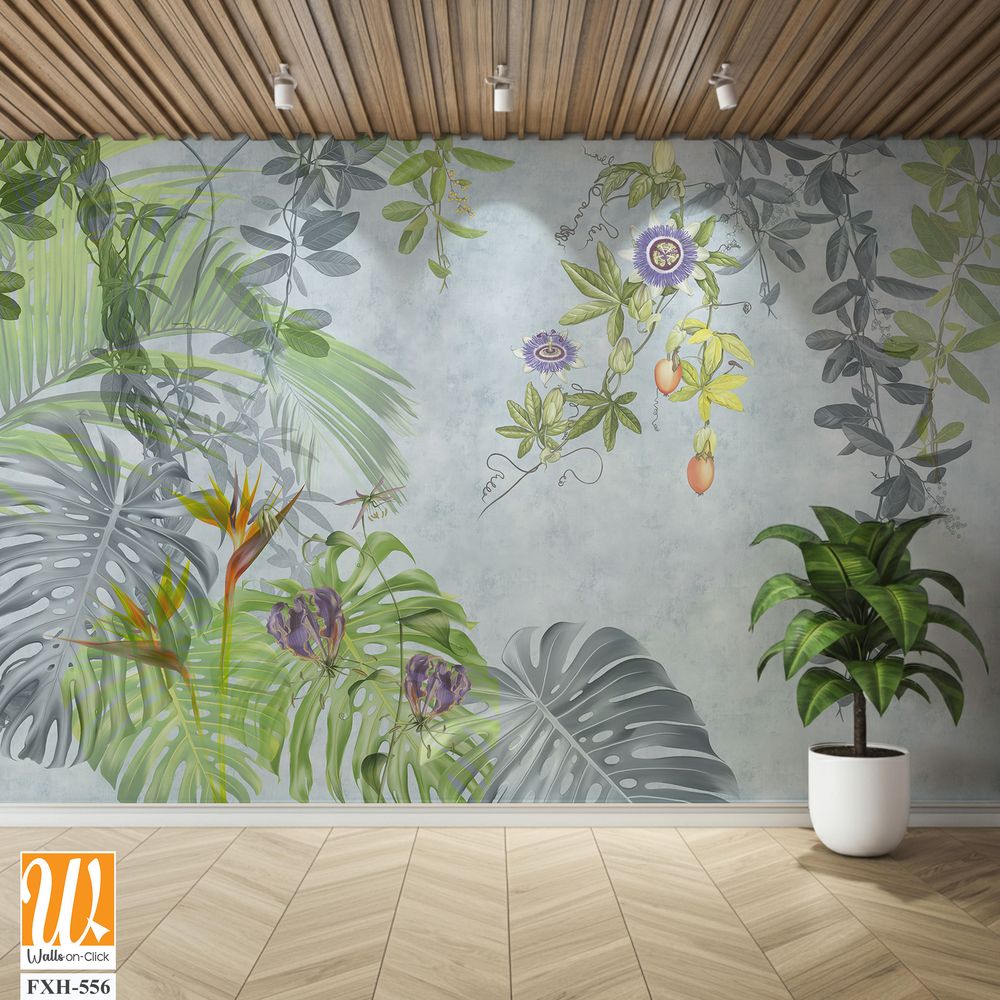 Tropical plants, flowers and leaves on a light background. Great choise for wallpaper, photo wallpaper, mural, card, postcard, home decor, poster. Design for modern and loft interior. [WP-FXH-556]