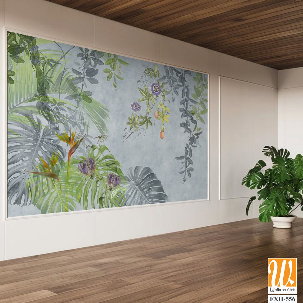 Tropical plants, flowers and leaves on a light background. Great choise for wallpaper, photo wallpaper, mural, card, postcard, home decor, poster. Design for modern and loft interior. [WP-FXH-556]