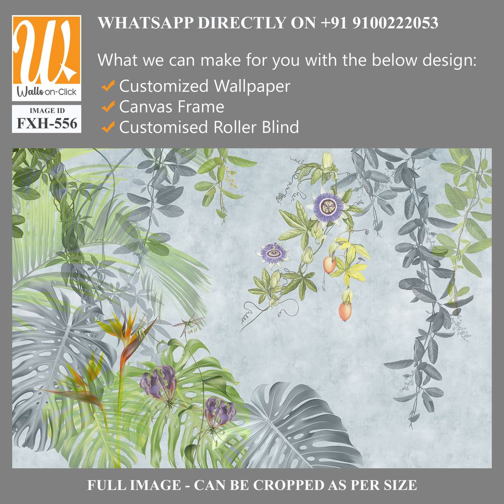 Tropical plants, flowers and leaves on a light background. Great choise for wallpaper, photo wallpaper, mural, card, postcard, home decor, poster. Design for modern and loft interior. [WP-FXH-556]