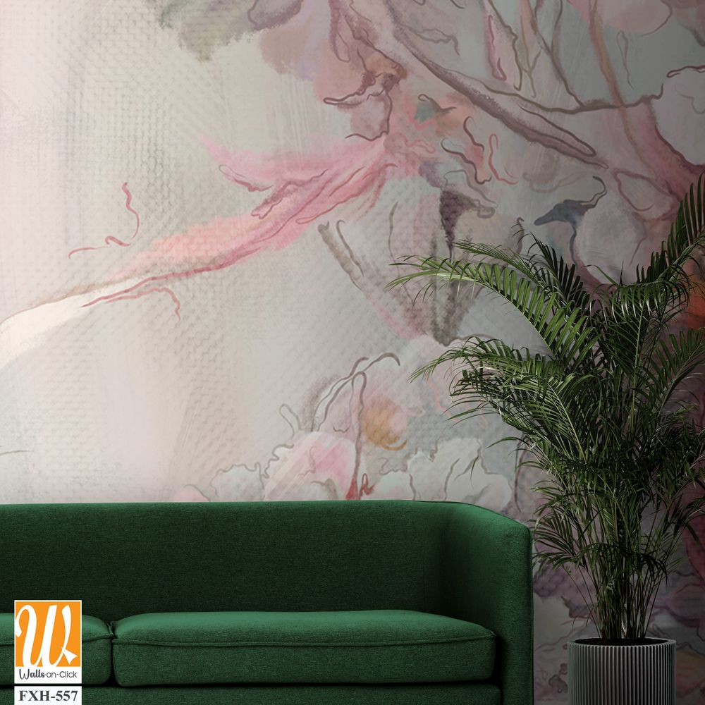 Art drawing on which leaves and flowers oil technique, photo wallpaper [WP-FXH-557]