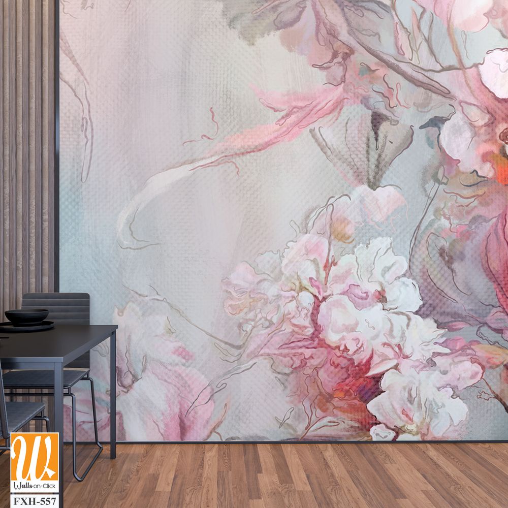 Art drawing on which leaves and flowers oil technique, photo wallpaper [WP-FXH-557]