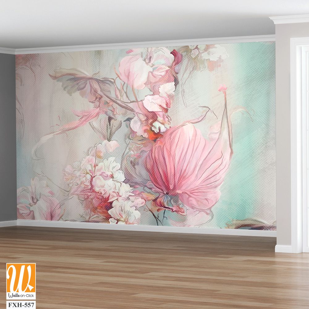 Art drawing on which leaves and flowers oil technique, photo wallpaper [WP-FXH-557]