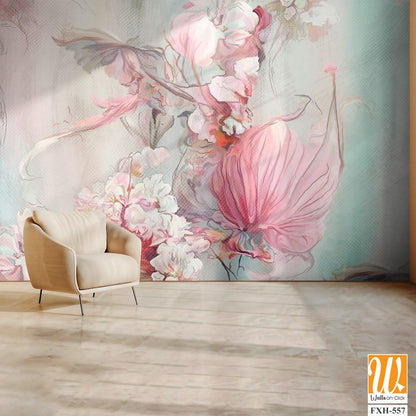 Art drawing on which leaves and flowers oil technique, photo wallpaper [WP-FXH-557]