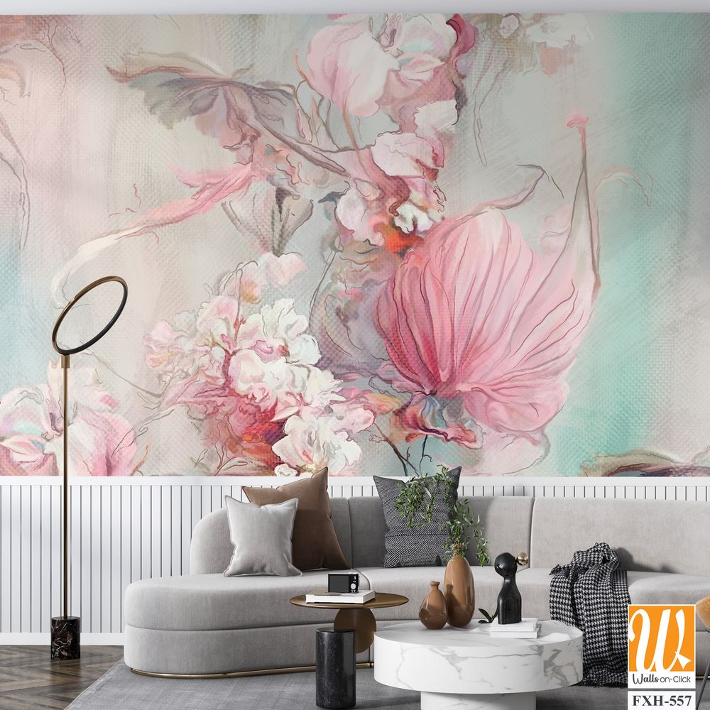 Art drawing on which leaves and flowers oil technique, photo wallpaper [WP-FXH-557]