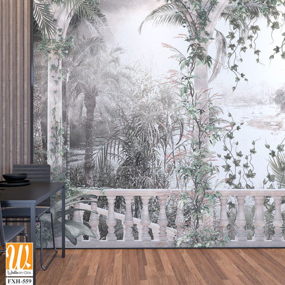 Tropical leaves and vines digital print wallpaper design - 3D illustration [WP-FXH-559]