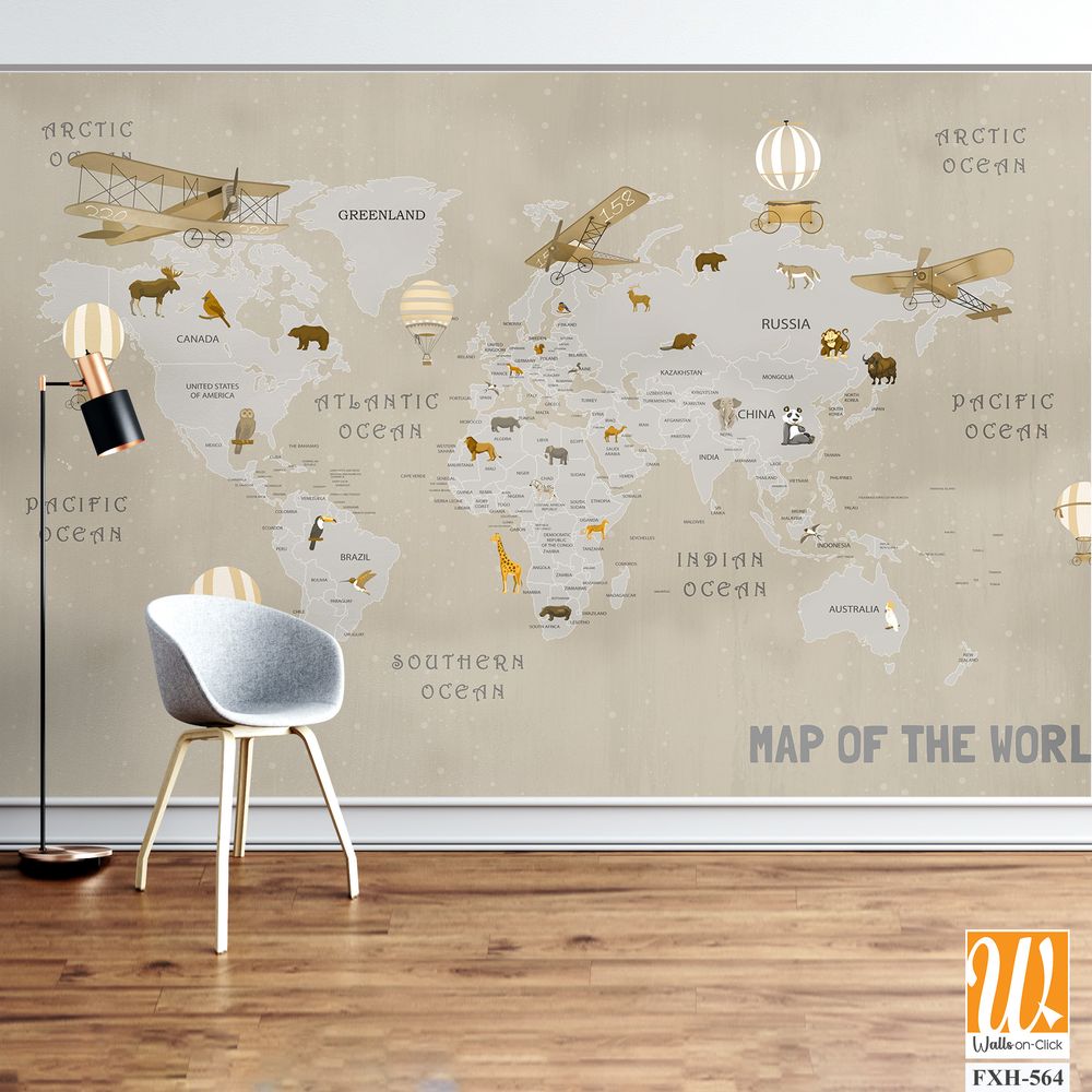 Animals world map for kids wallpaper design [WP-FXH-564]
