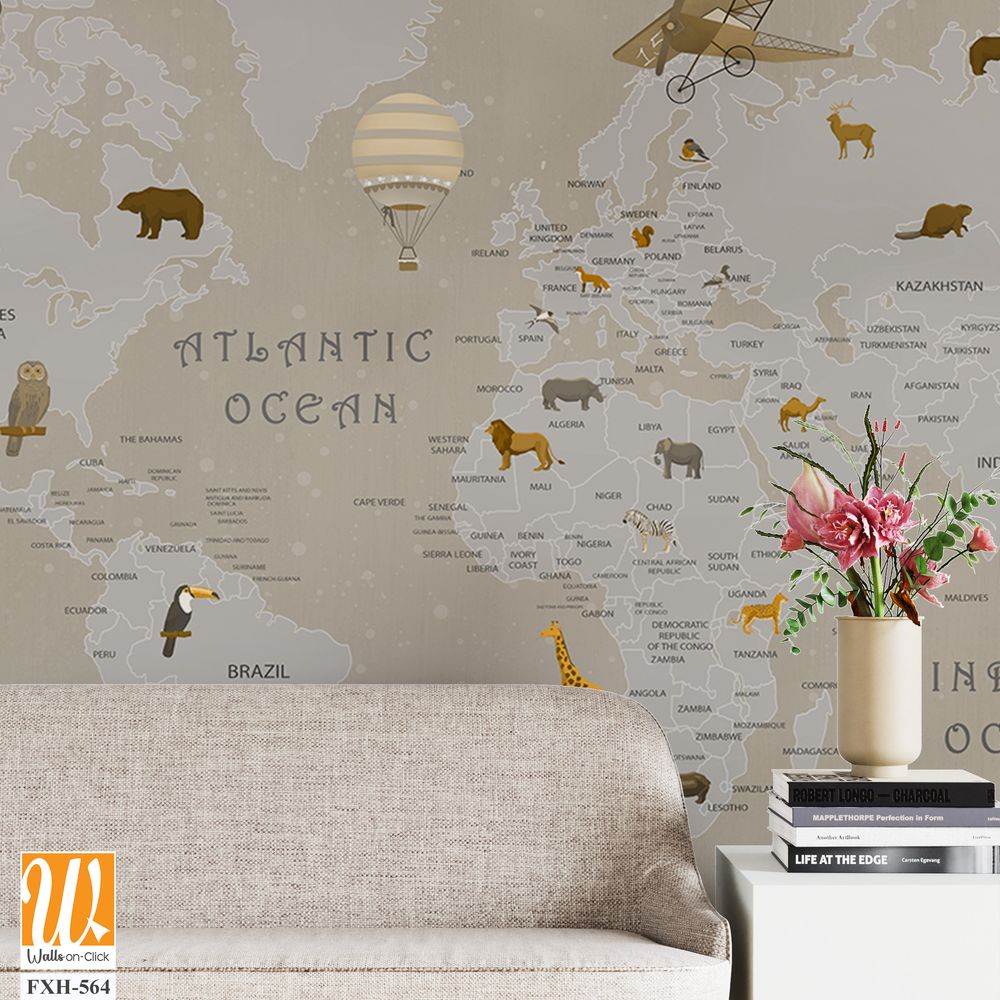 Animals world map for kids wallpaper design [WP-FXH-564]