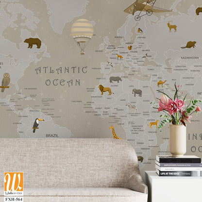Animals world map for kids wallpaper design [WP-FXH-564]