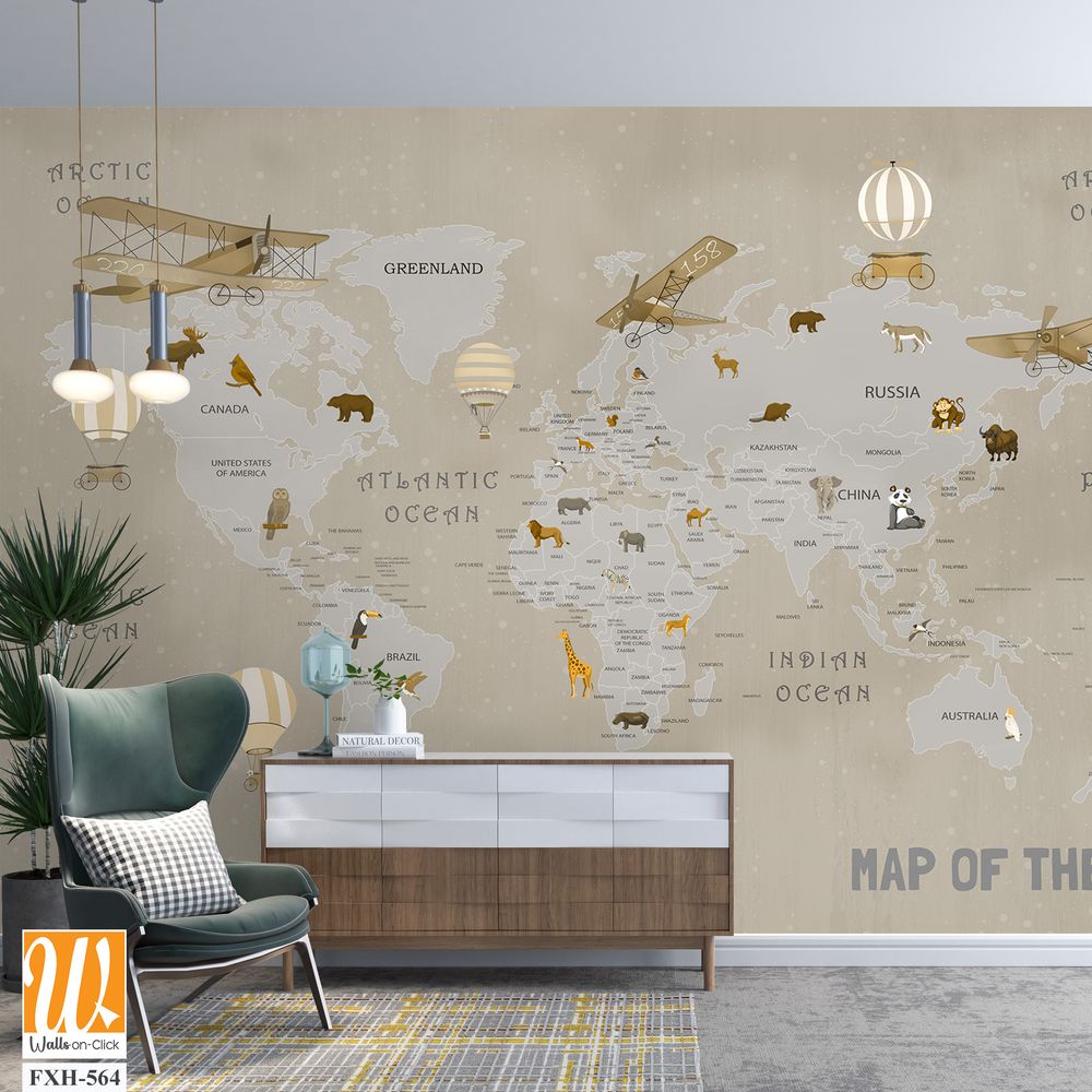 Animals world map for kids wallpaper design [WP-FXH-564]