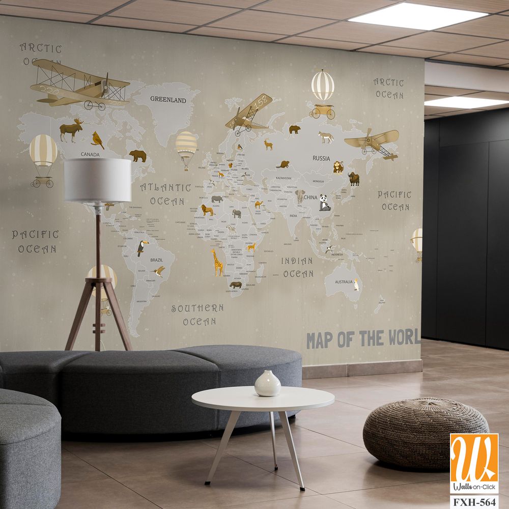 Animals world map for kids wallpaper design [WP-FXH-564]