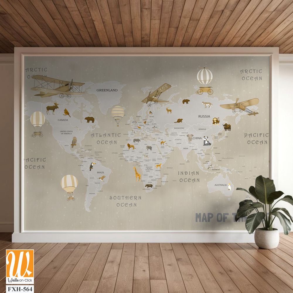 Animals world map for kids wallpaper design [WP-FXH-564]