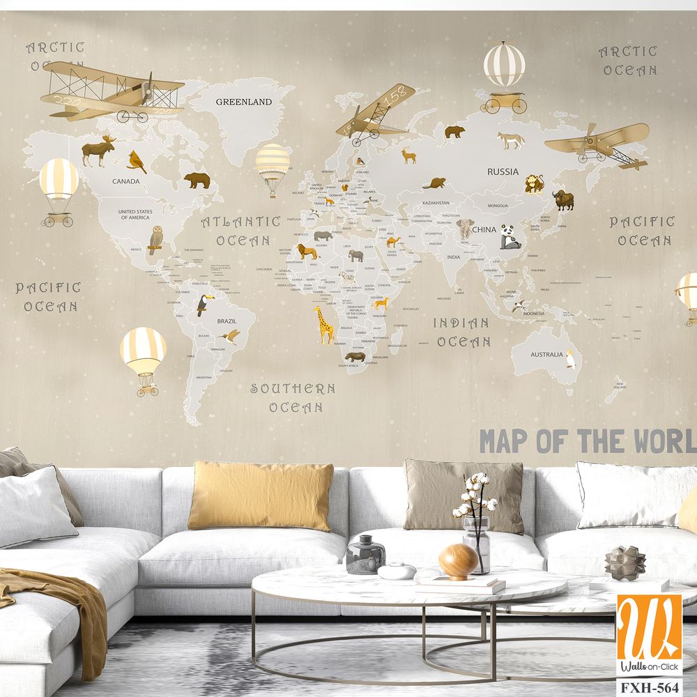 Animals world map for kids wallpaper design [WP-FXH-564]